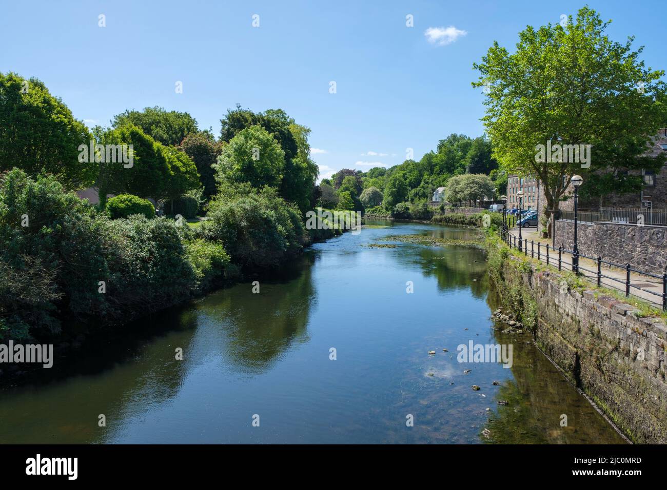 Il Western Cleddau (gallese: Cleddau Wen) attraversa il centro di Haverfordwest, Pembrokeshire, Galles, Regno Unito Foto Stock