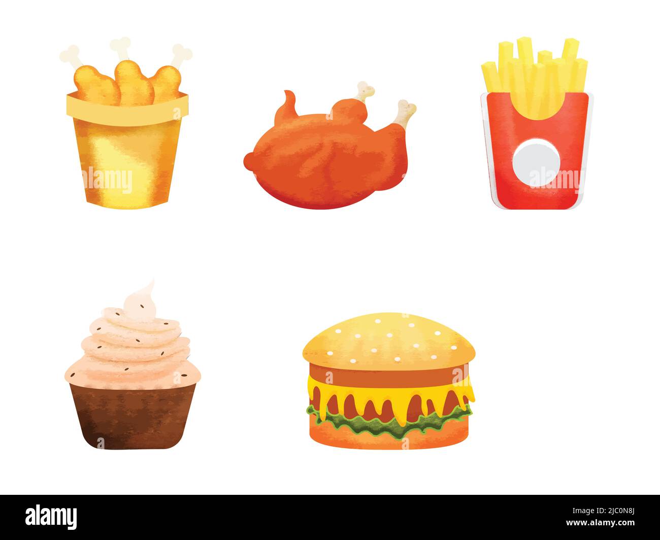 Pollo con fritte francesi, cupcake e Burger non sano elemento alimentare set. Illustrazione Vettoriale