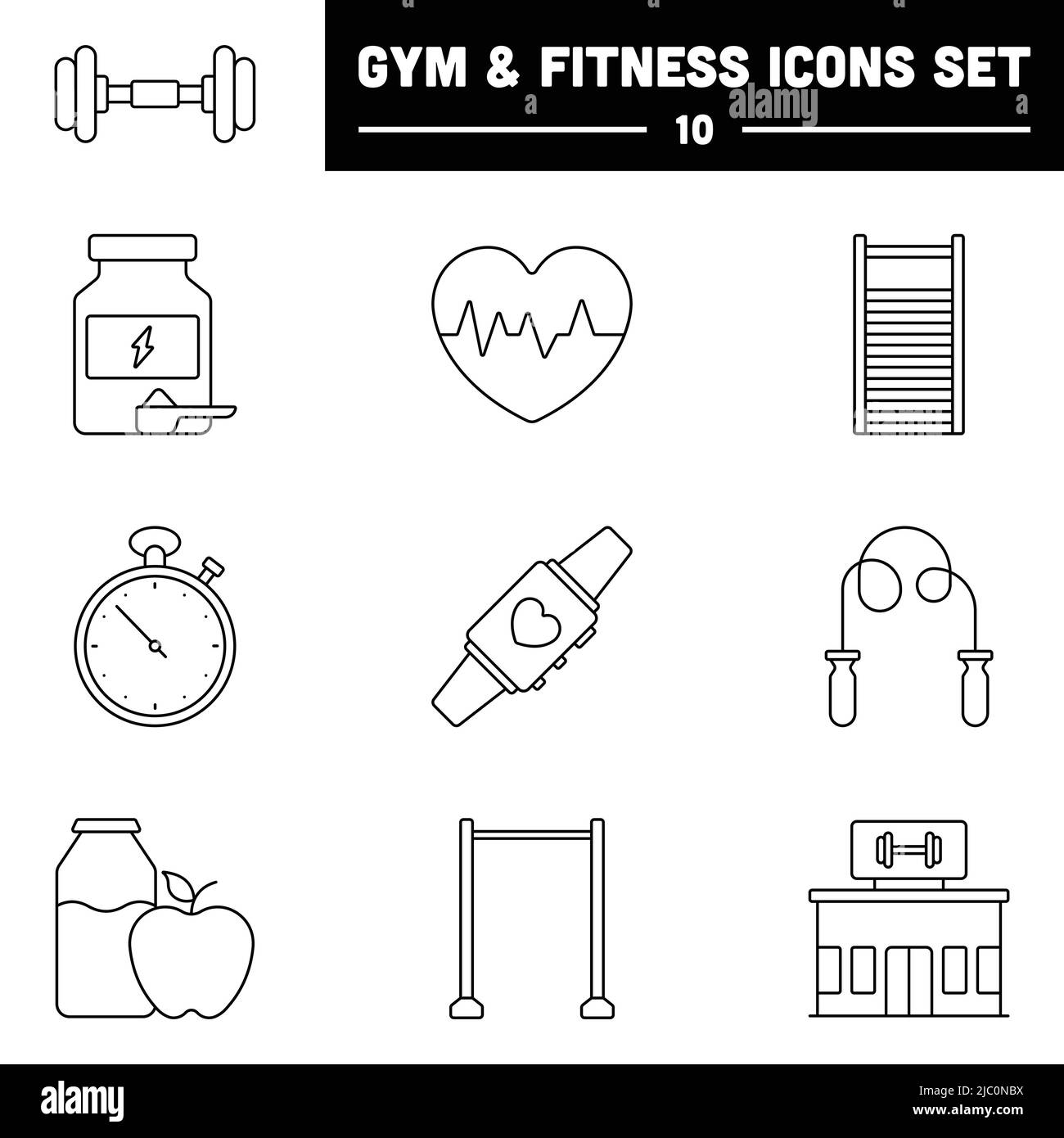 Black Stroke Illustrazione di Gym o Fitness Essential icona Set. Illustrazione Vettoriale