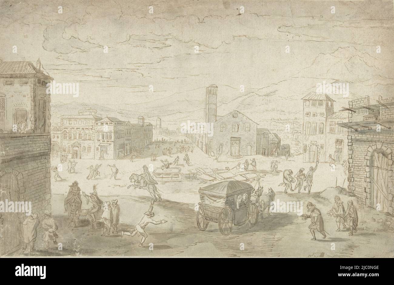 Disegno per una stampa, il mese Febbraio: Scena di Quaresima su una piazza italiana, disegnatore: Jan Wildens, , 1596 - 1631, carta, penna, spazzola, h 251 mm x l 385 mm Foto Stock