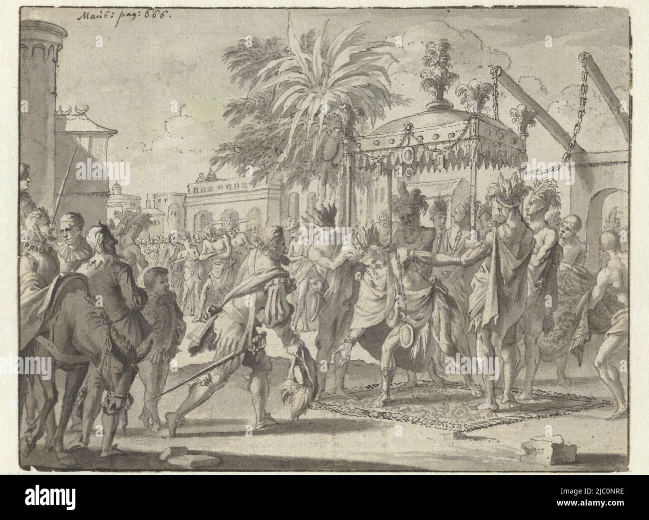 Disegno per un'illustrazione del libro, Hernán Cortés è ricevuto da Montezuma Ontwerpen voor De Aanmerkenswaardigste (...) Zee- en Landreizen (titolo della serie)., relatore: Jan Goeree, 1704 - 1727, carta, penna, spazzola, a 126 mm x l 164 mm Foto Stock