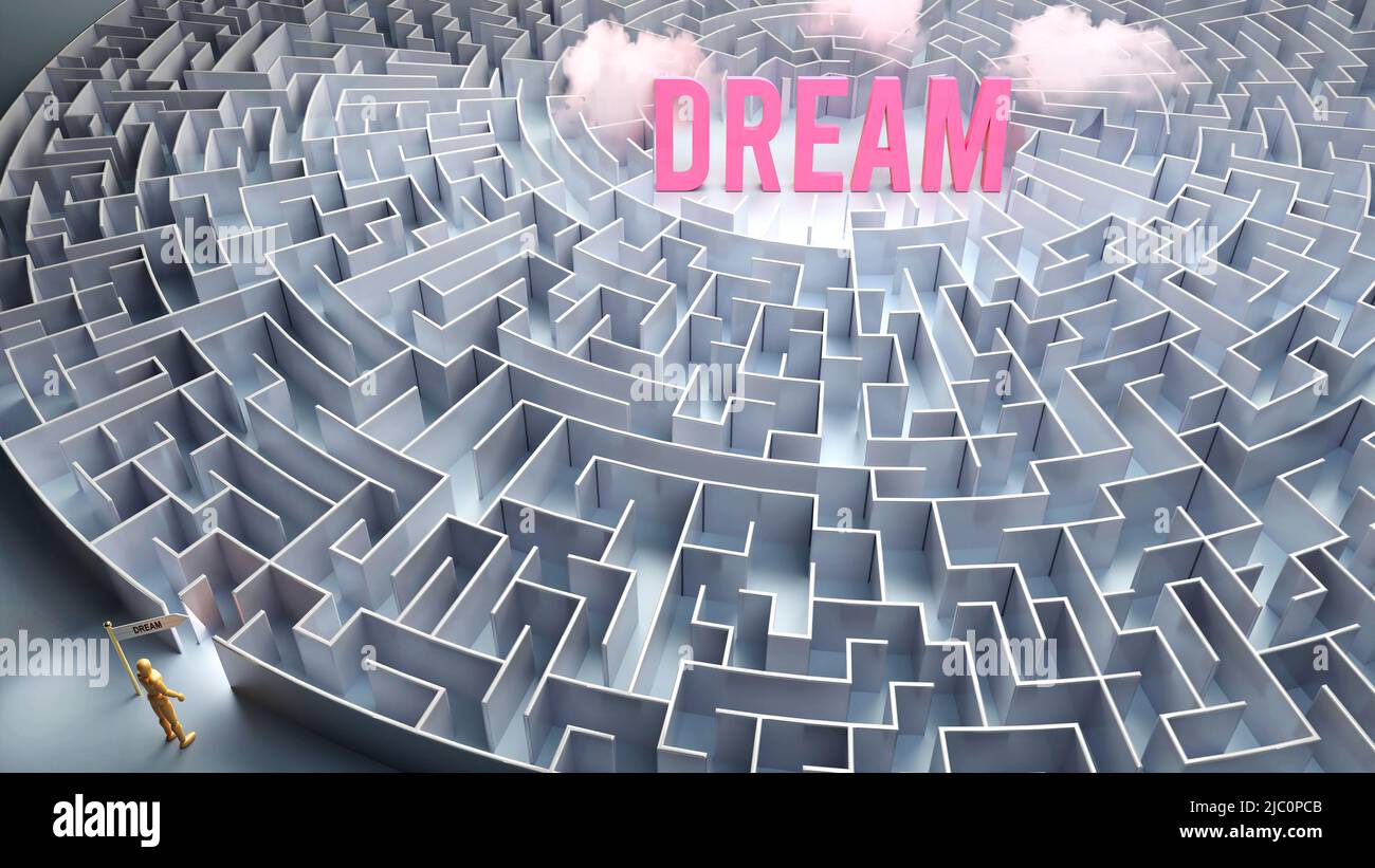 Sogno e un percorso difficile, confusione e frustrazione nel cerlo, duro viaggio che conduce a Dream,3D illustrazione Foto Stock