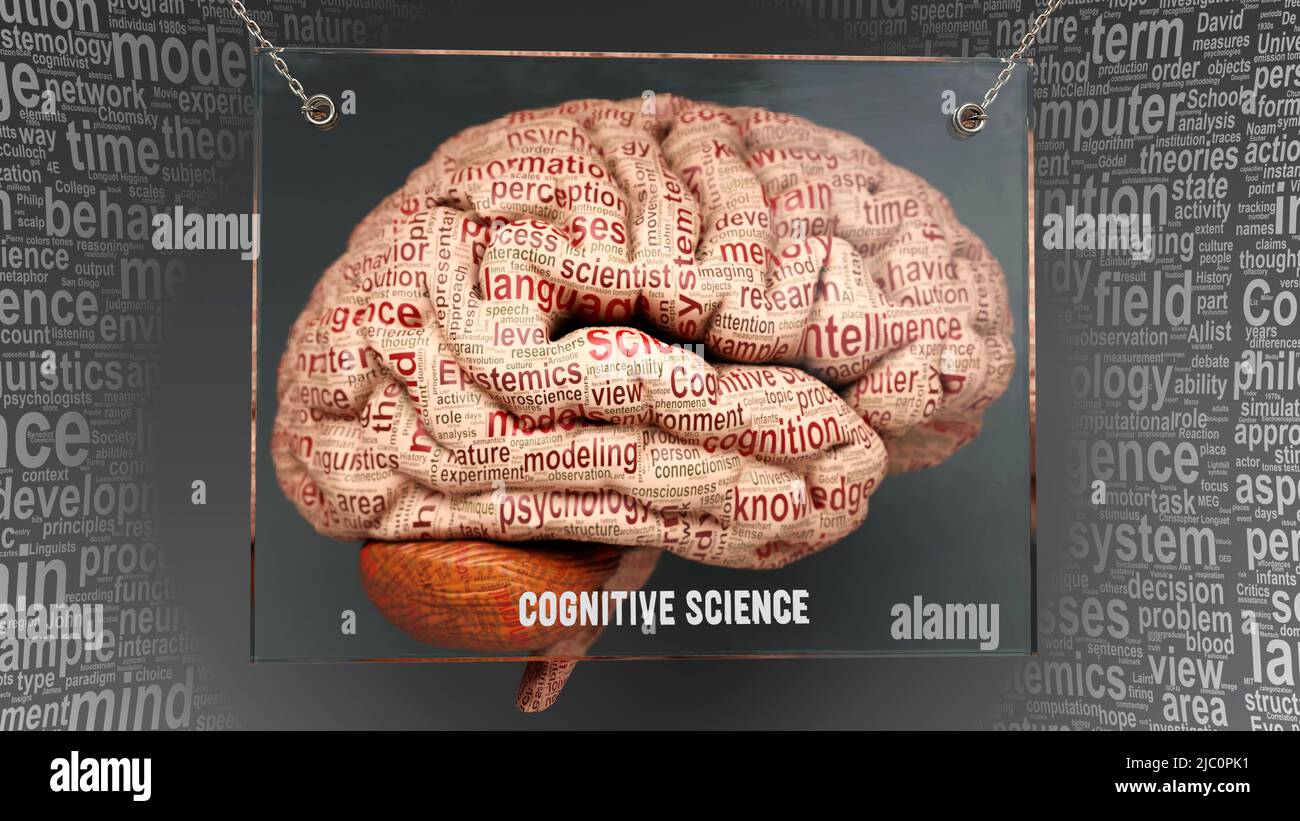 Scienza cognitiva nel cervello umano - decine di termini che descrivono le sue proprietà dipinte sulla corteccia cerebrale per simbolizzare la sua connessione alla mente.,3D Foto Stock