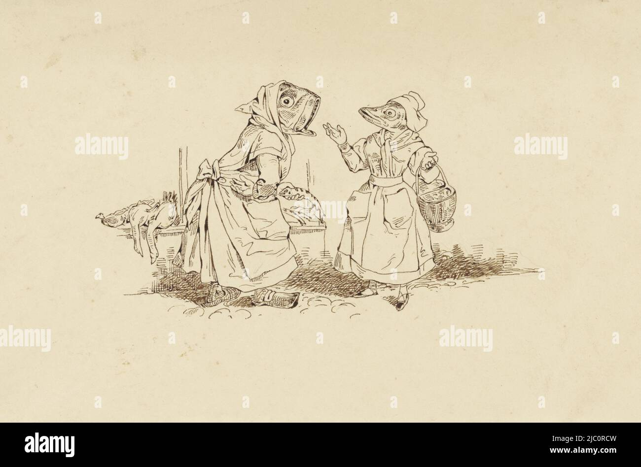 Scena di mercato: Un merluzzo vestito come donna di mercato, un'aringa nella mano sinistra, in discussione con un eglefino vestito come donna, scena di mercato sette disegni a penna di fabbriche animali di Wilhelm Koller (titolo della serie)., disegnatore: Wilhelm Koller, 1839 - 1884, carta, penna, a 172 mm x l 272 mm Foto Stock