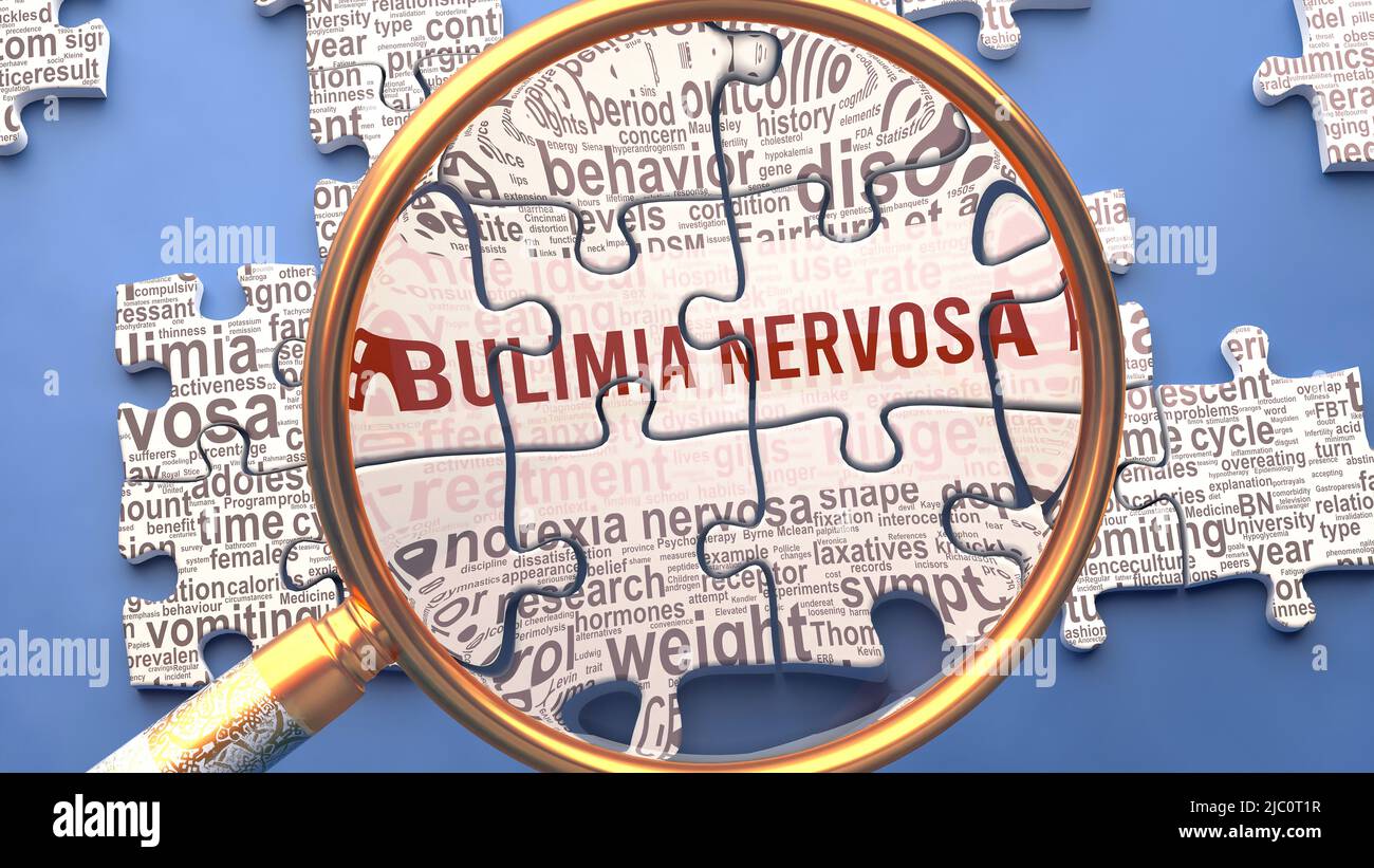 Bulimia nervosa come argomento complesso e multiparte sotto stretta ispezione. Complessità mostrato come pezzi di puzzle corrispondenti che definiscono decine di idee vitali e. Foto Stock