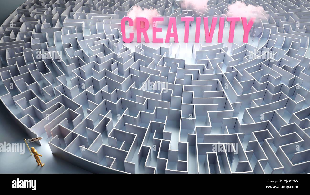 Creatività e un percorso difficile, confusione e frustrazione nella ricerca, un viaggio duro che porta alla creatività,3D illustrazione Foto Stock