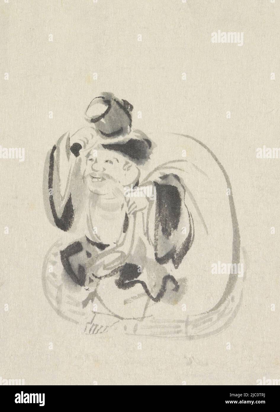 Il dio giapponese della fortuna Daikoku con i suoi attributi fissi il martello e la borsa di riso, seduto dio della fortuna Ebisu, disegnatore: Utagawa Kuniyoshi, 1808 - 1861, carta, pennello, a 159 mm x l 115 mm Foto Stock