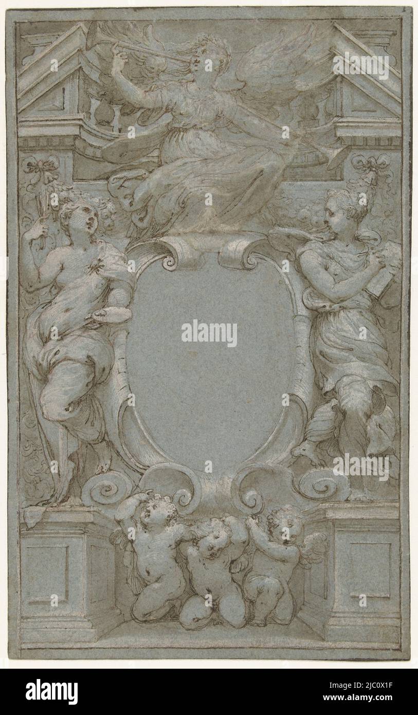 Cartouche con figure allegoriche di Pittura, disegno e Fame, Design per un frontespizio con l'Arte della Pittura e del disegno., disegnatore: Valerio Castello, c. 1650 - c. 1657, carta, penna, spazzola, h 273 mm x l 220 mm Foto Stock