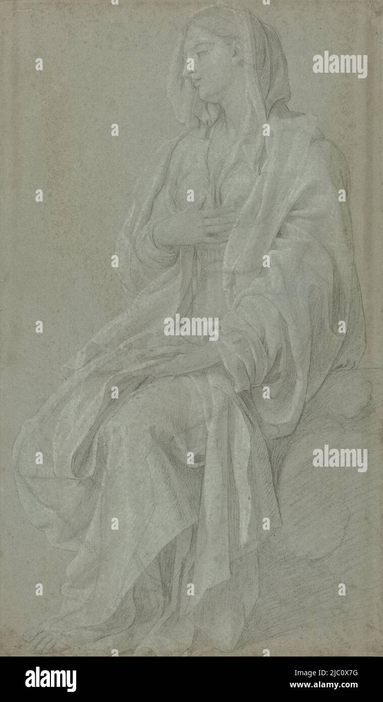 Madonna seduta, disegnatrice: Nicolas Colombel, disegnatrice: Eustache Lesueur, (negata attribuzione), Roma, in o dopo 1686 - in o dopo 1687, carta, h 410 mm x w 240 mm Foto Stock