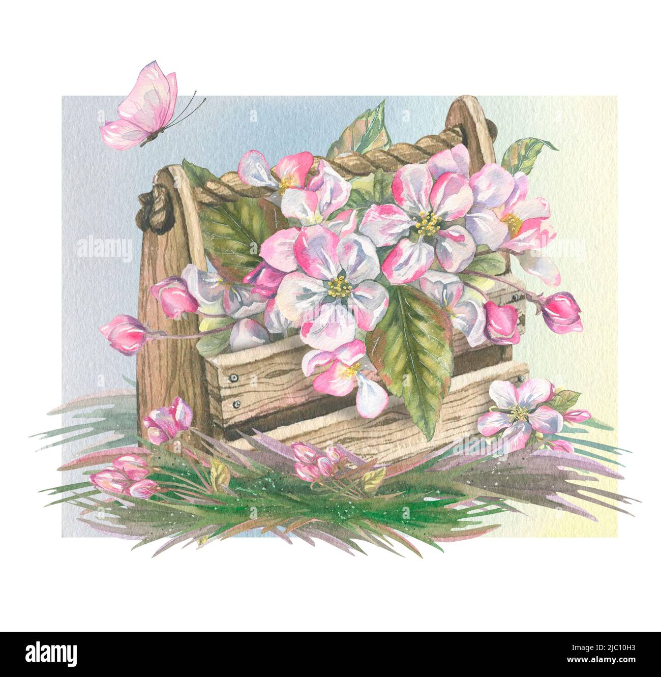 Acquerello illustrazione composizione di alberi da frutto fioriti e attrezzi da giardino. Un set floreale fresco e bello per la primavera. Foto Stock