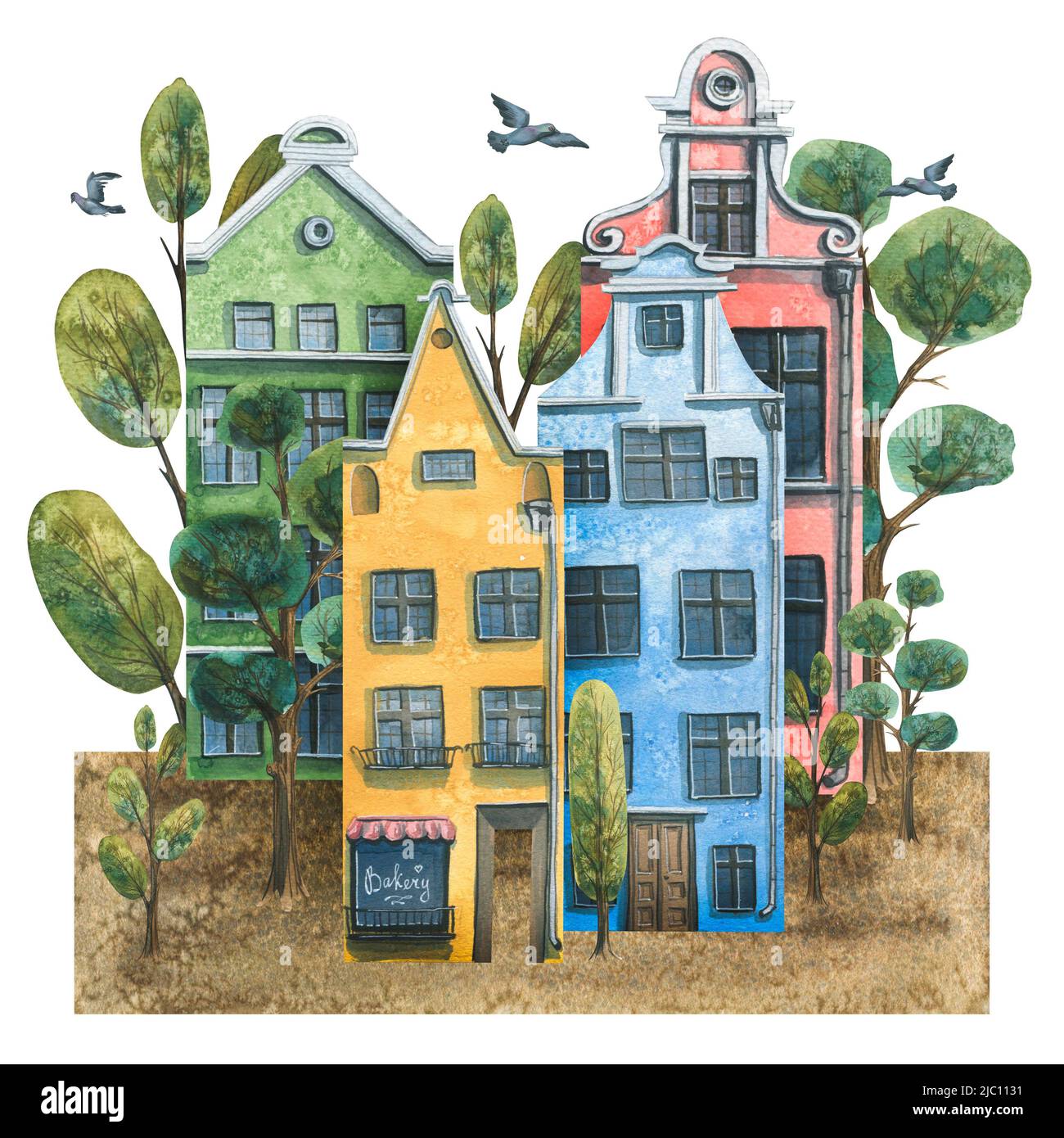 Acquerello illustrazione di una composizione di belle case della città vecchia. Foto Stock