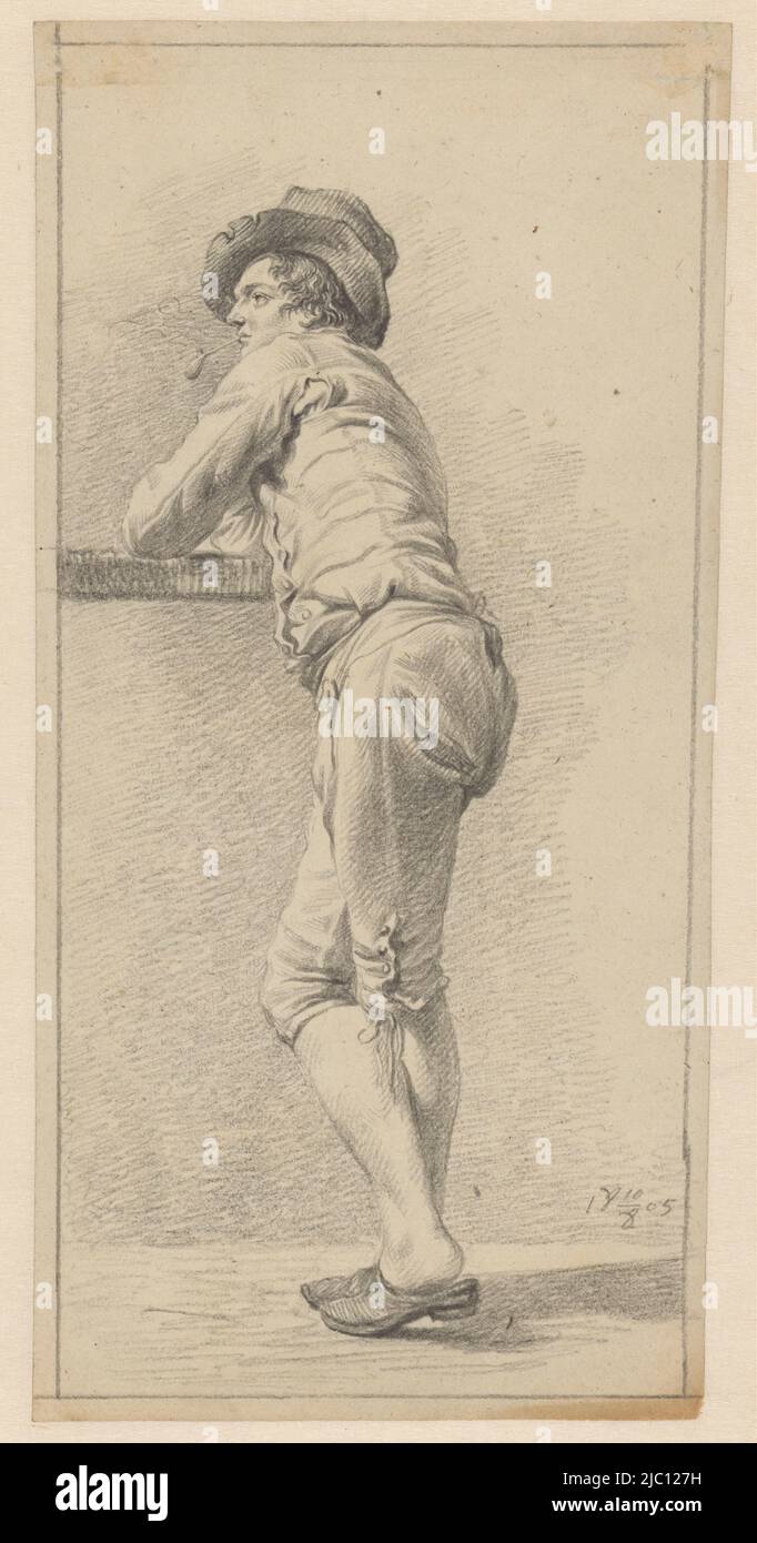 Giovane uomo che si appoggia su una trave, indossa un cappello, fuma una  pipa, di lato, fuma una pipa, Dal lato, disegnatore: Joannes Pieter Visser  Bender, 8-Oct-1805, carta, h 326 mm x l