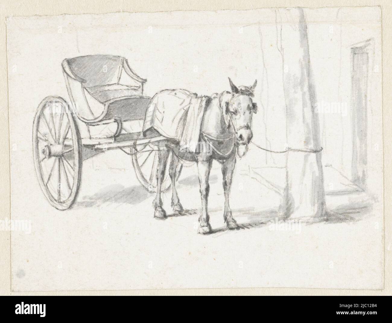 Cavallo con carrozza, legato ad un albero, disegnatore: Pieter Bartholomeusz. Barbiers, 1782 - 1837, carta, penna, pennello, a 102 mm x l 136 mm Foto Stock