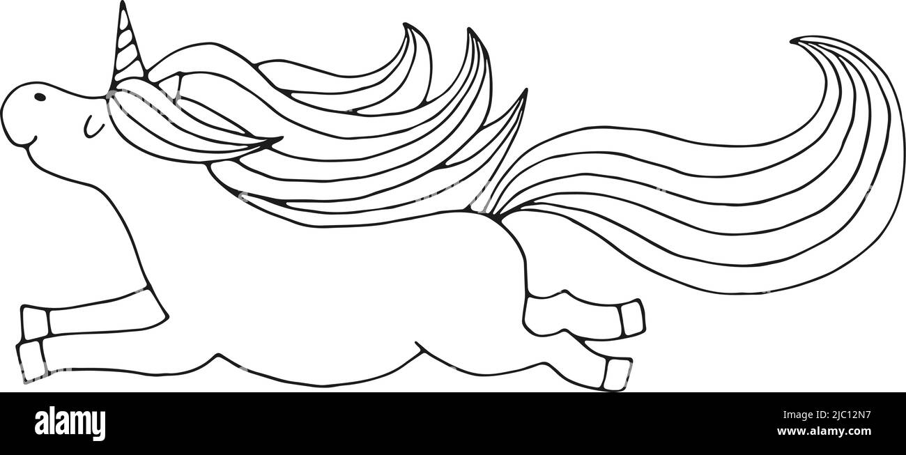 Icona linea unicorno volante. Divertente personaggio magico Illustrazione Vettoriale
