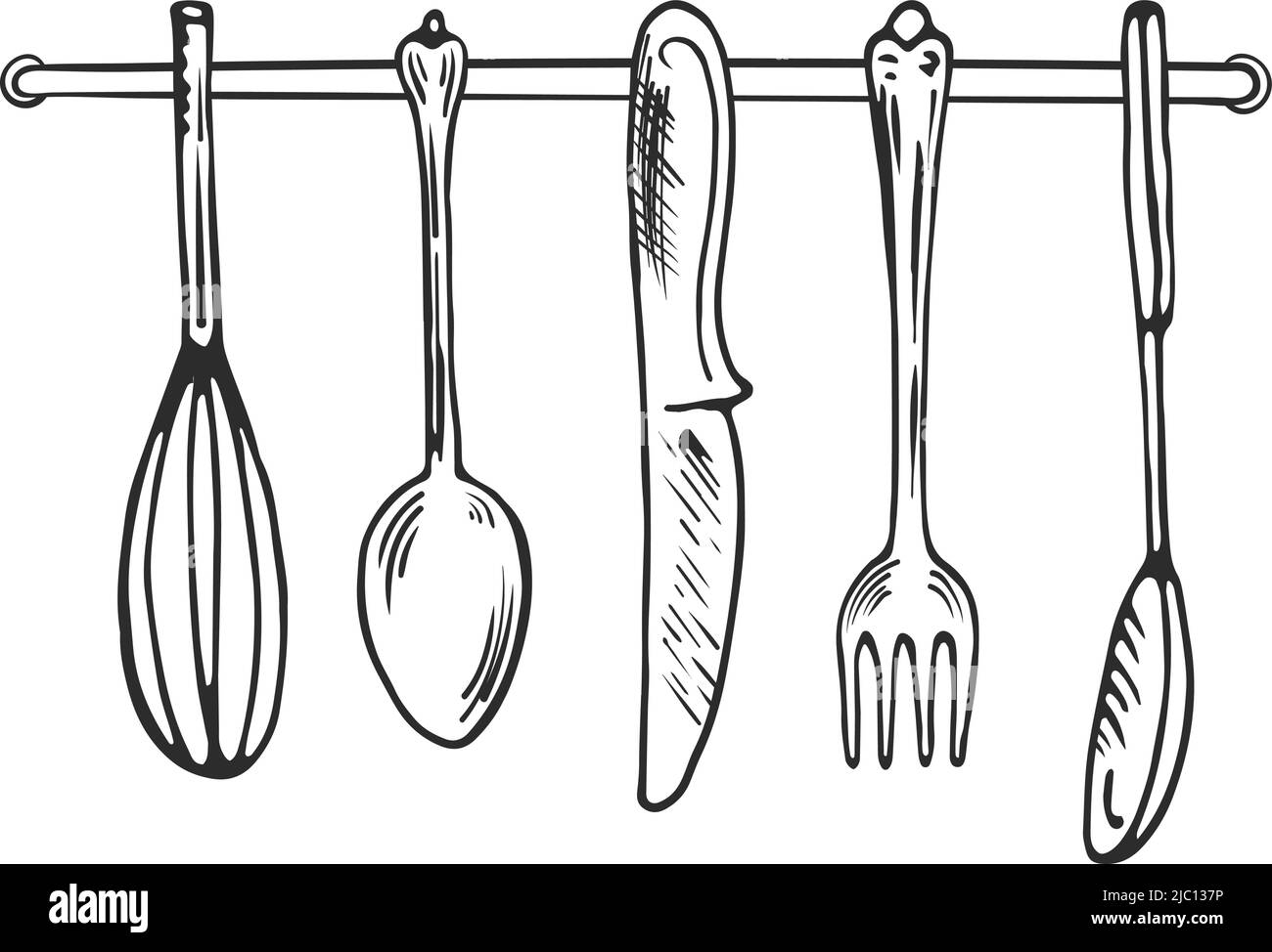 Posate appese alla parete della cucina. Utensili da cucina schizzo nero Illustrazione Vettoriale