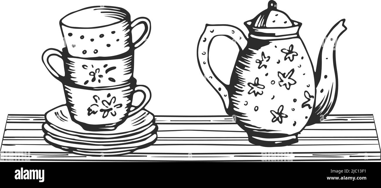Stoviglie da tè in piedi su ripiano di cucina in legno. Schizzo con inchiostro nero Illustrazione Vettoriale