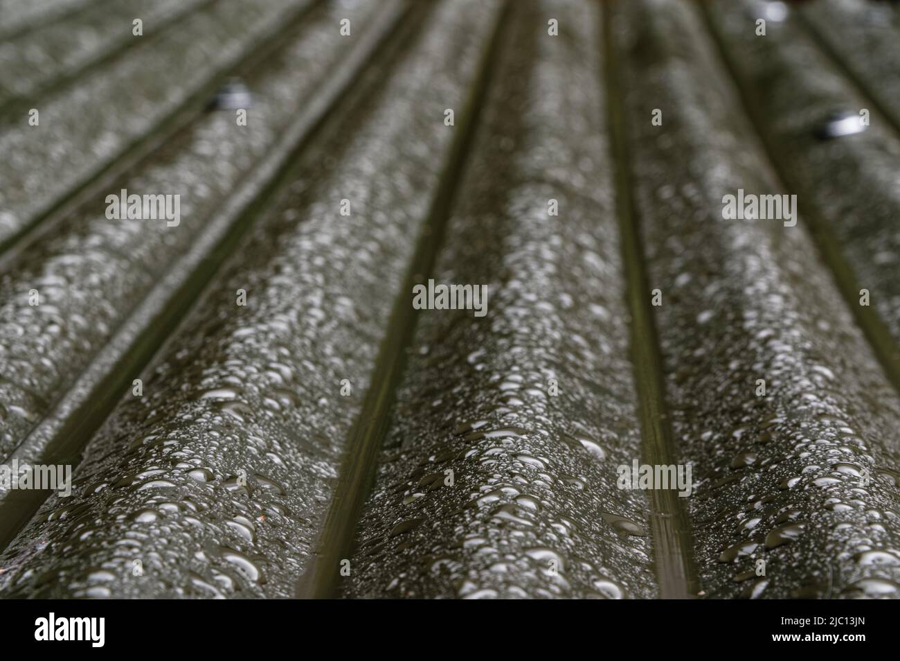 Il ferro corrugato incanala l'acqua lungo i suoi canali e fuori dal tetto. Foto Stock