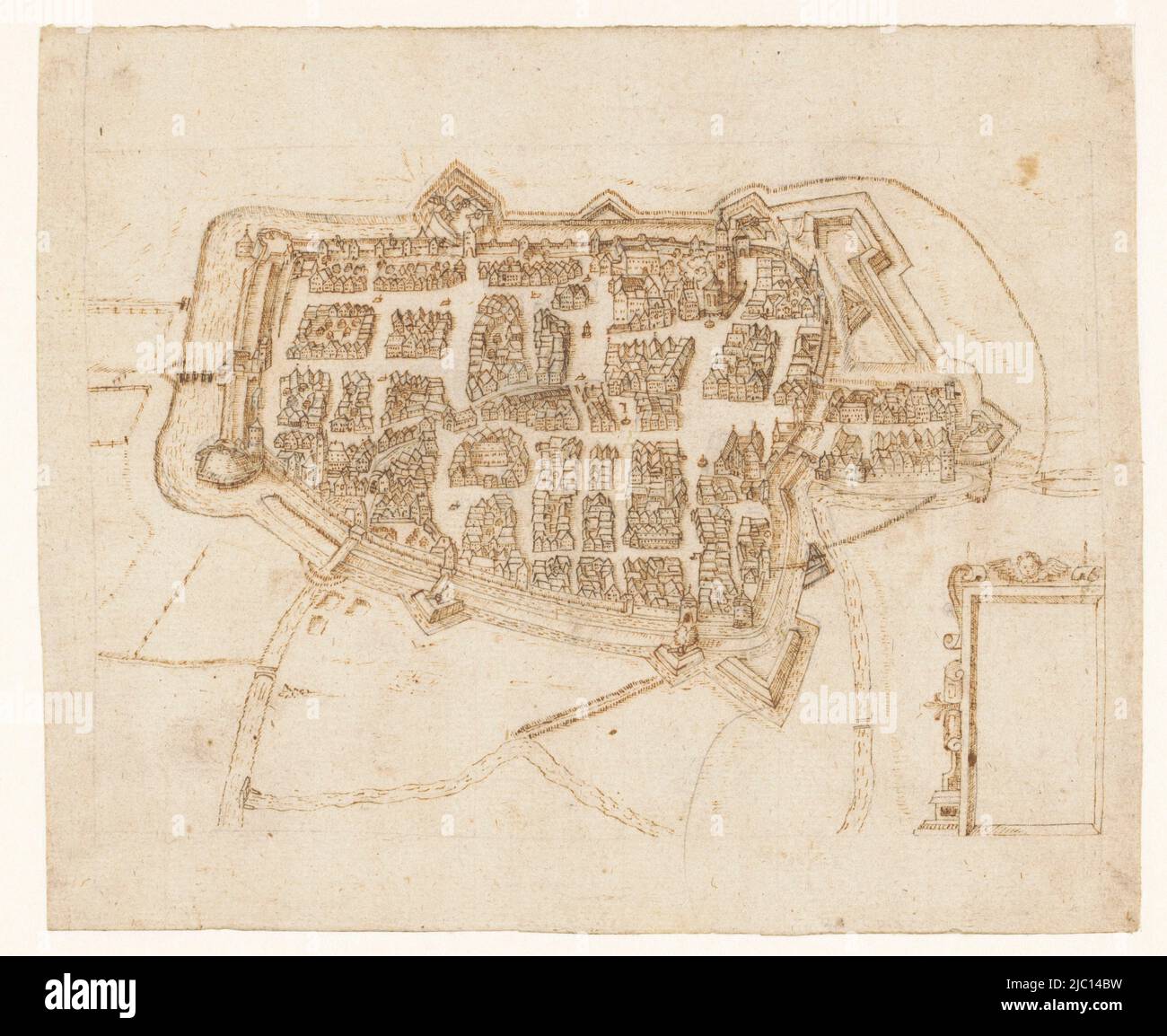 Mappa della città di Meiningen (?), disegnatore: anonimo, disegnatore: Pieter Bast, (attribuzione rifiutata), 1500 - 1599, carta, penna, h 147 mm x l 178 mm Foto Stock Mappa della città di Meiningen (?), disegnatore: anonimo, disegnatore: Pieter Bast, (attribuzione rifiutata), 1500 - 1599, carta, penna, h 147 mm x l 178 mm Foto Stock