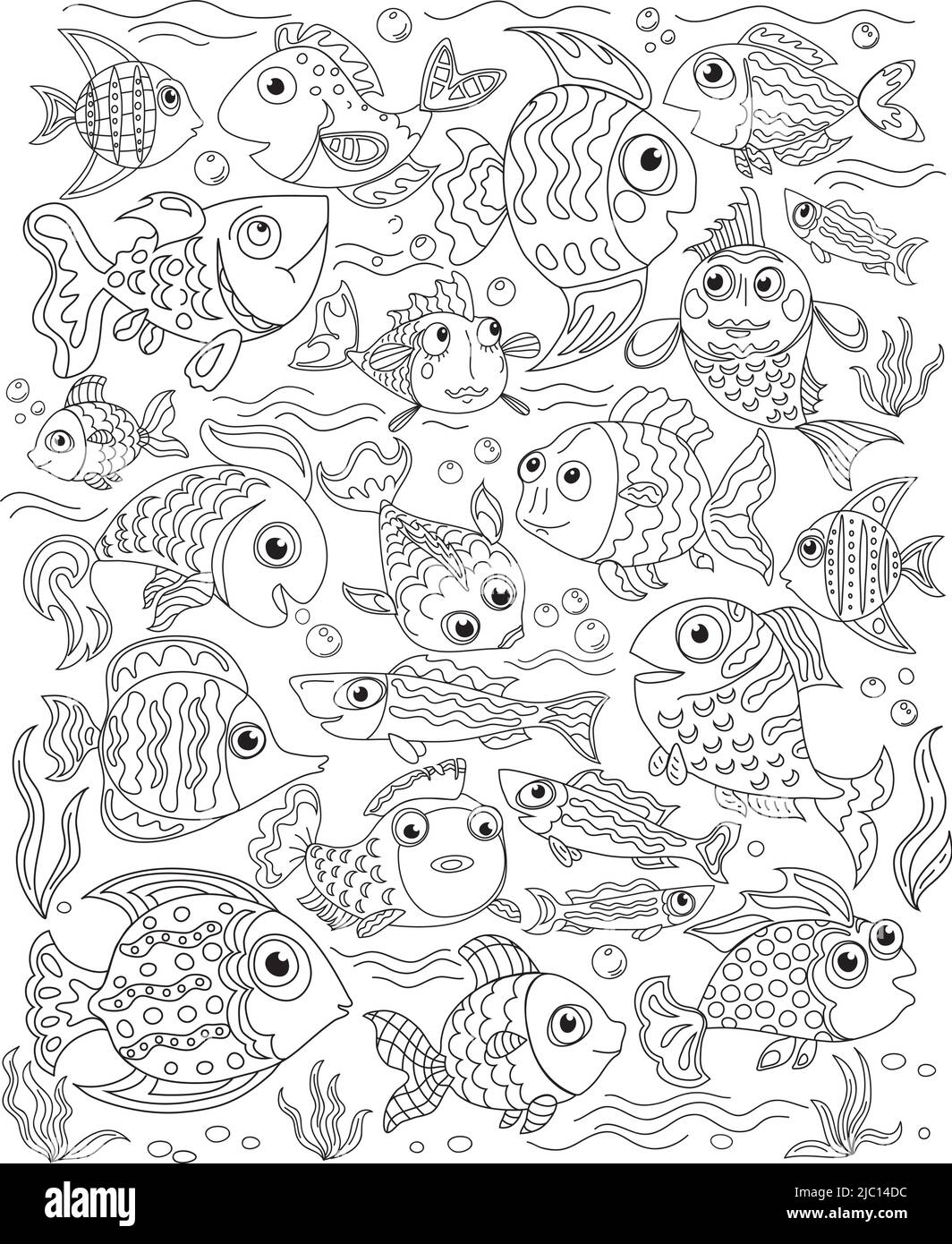Delineato Doodle anti-stress colorazione pagina pesce carino. Libro da colorare per adulti e bambini Illustrazione Vettoriale