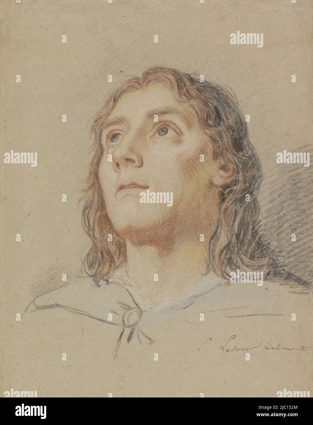 Testa di un giovane con capelli lunghi, disegnatore: Eustache Lesueur, (menzionato sull'oggetto), Francia, 1626 - 1655, carta, h 291 mm x l 228 mm Foto Stock