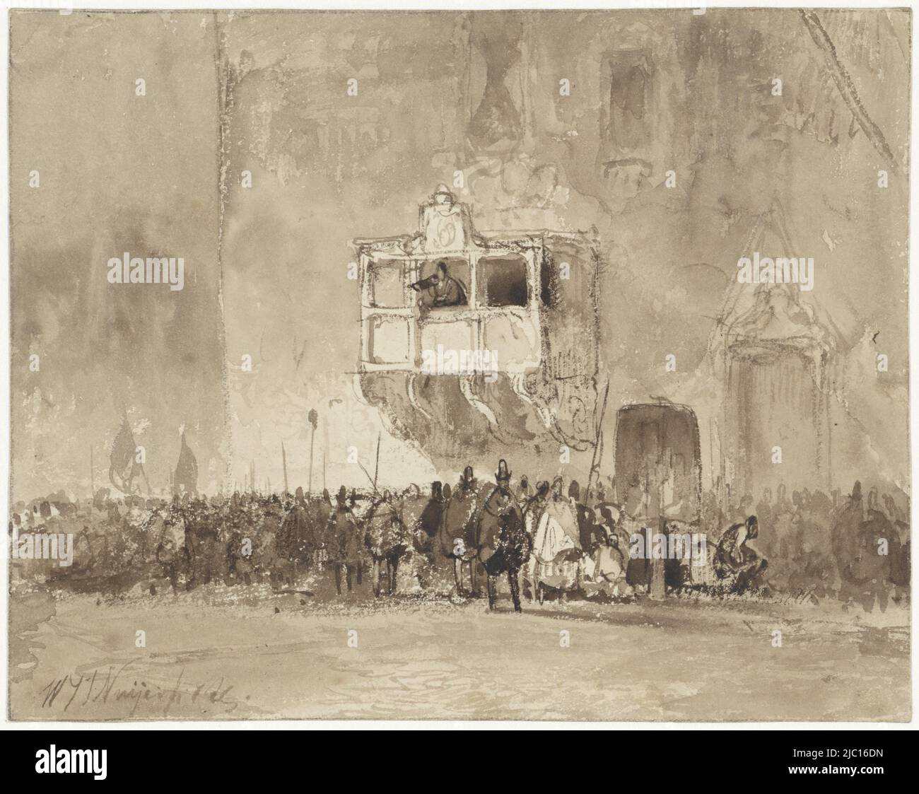 Uomo che si rivolge ad una folla da un balcone, disegnatore: Wijnand Nuijen, 1823 - 1839, carta, penna, spazzola, a 135 mm x l 171 mm Foto Stock