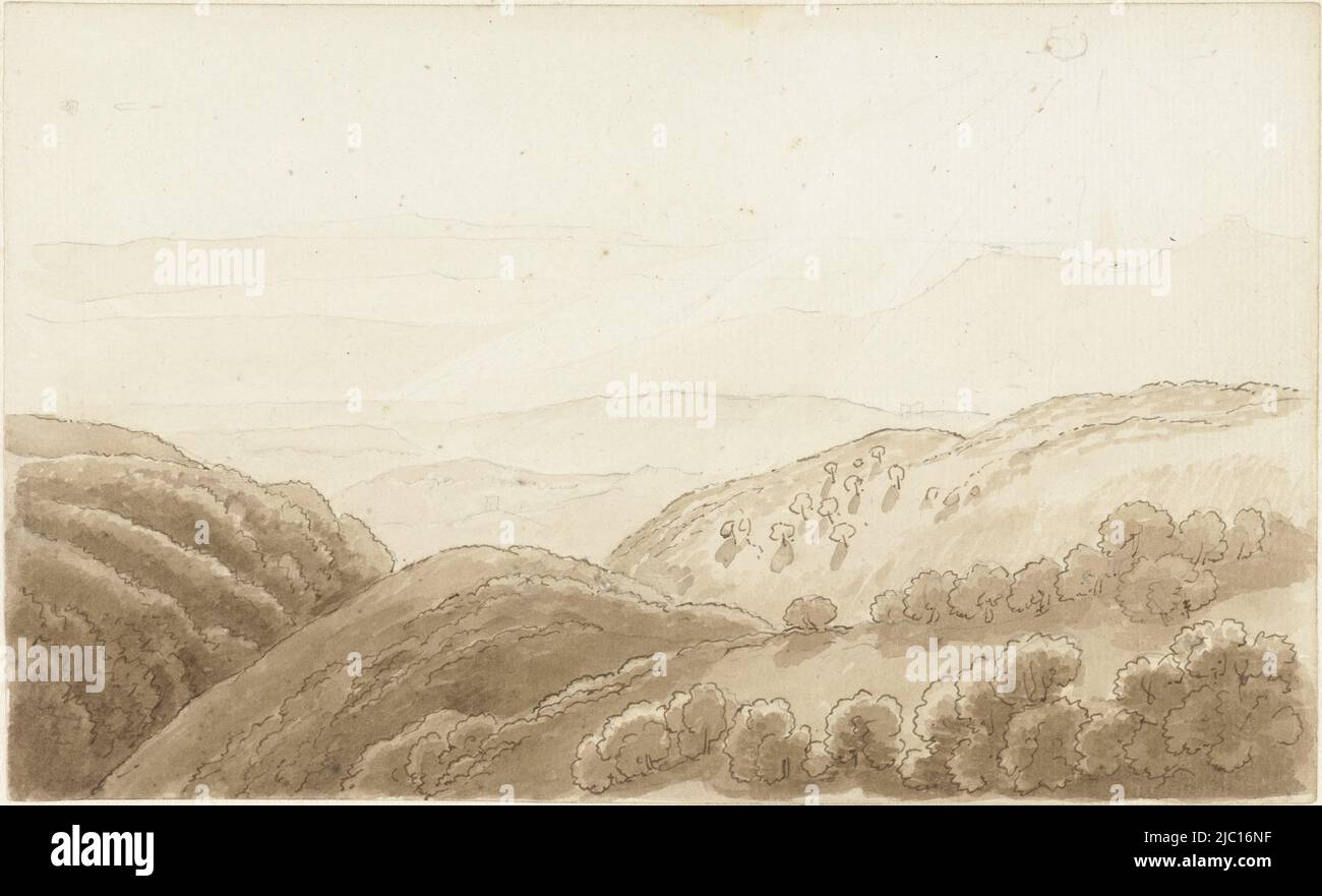 Paesaggio collinare in Italia, luce notturna sulle montagne vicino Tivoli., disegnatore: Hendrik Voogd, Roma, 1788 - 1839, carta, penna, spazzola, h 140 mm x l 231 mm Foto Stock