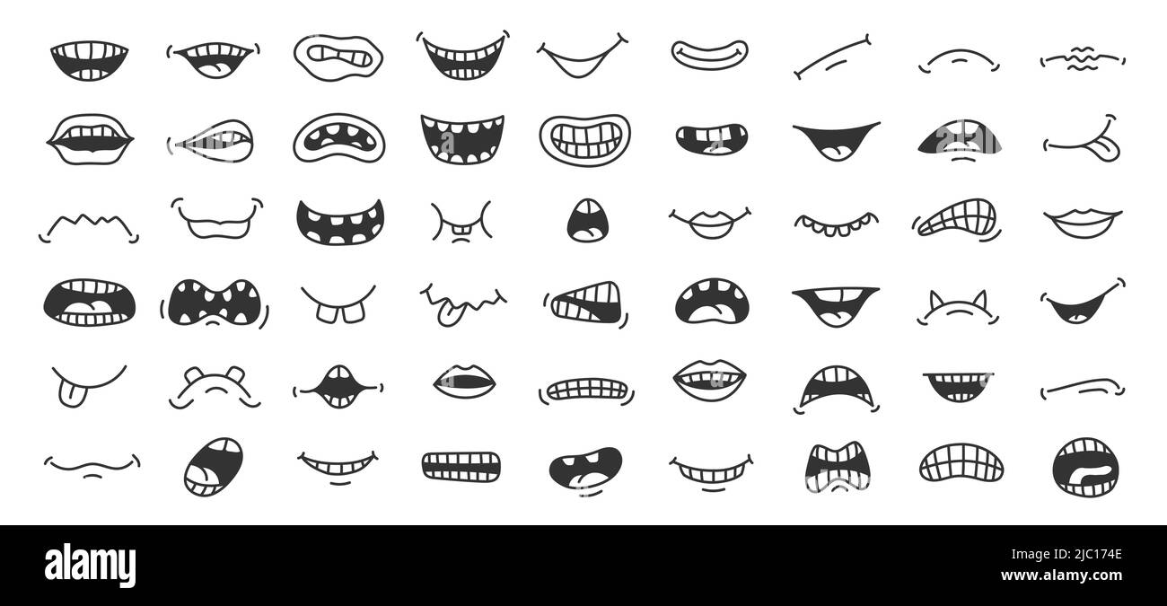 Bocca di Doodle. Divertente fumetto pop art sorriso rabbia e paura volto espressione con denti e lingua. Set di bocche isolate vettoriali cute disegnate a mano Illustrazione Vettoriale