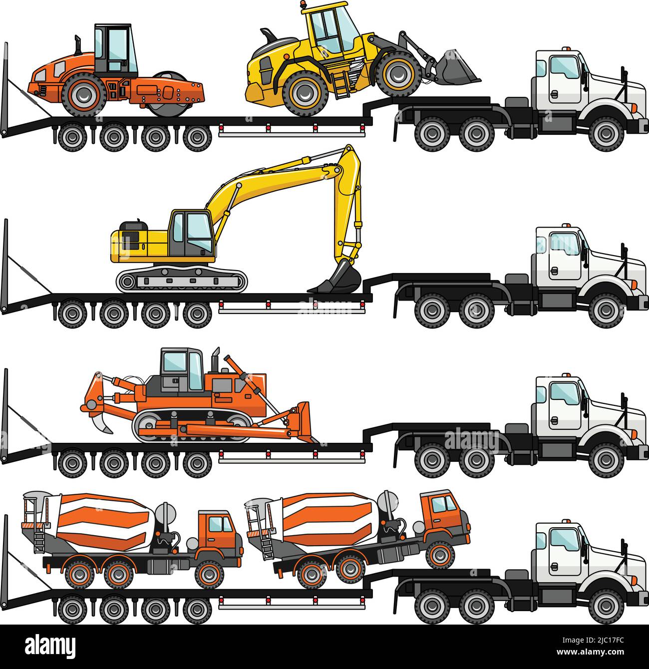 Illustrazione dettagliata del trasportatore auto e betoniera, apripista, escavatore, pala gommata, compattatore su sfondo bianco in stile piatto in d Illustrazione Vettoriale