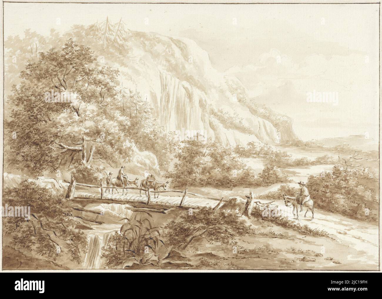 Paesaggio montano con viaggiatori su asini, attraversando un ponte di legno, disegnatore: W.C.E. Roelofs, 1830, carta, spazzola, h 185 mm x l 259 mm Foto Stock