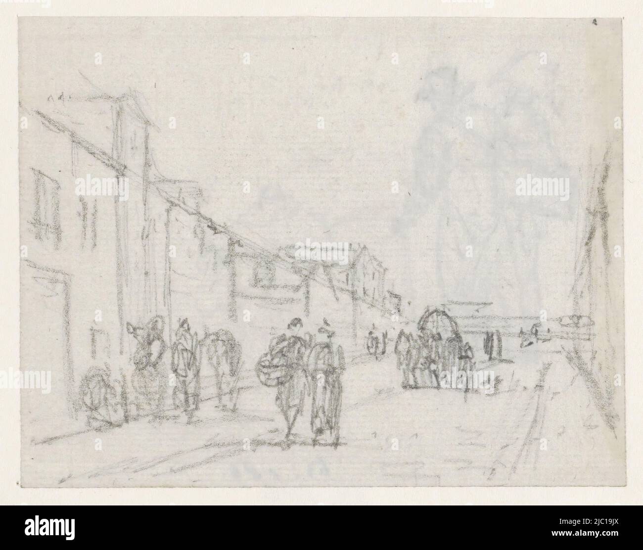 Vista in una strada con pedoni e un'auto, disegnatore: Georges Michel, 1773 - 1843, carta, h 76 mm x w 99 mm Foto Stock