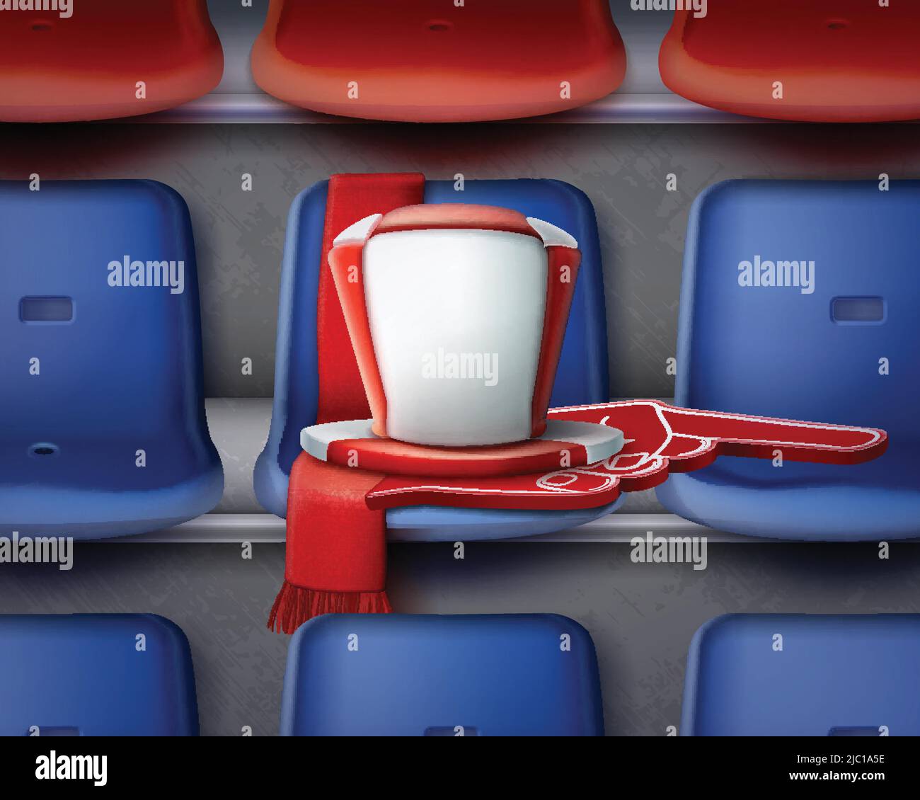 Illustrazione vettoriale delle sedie di plastica rossa e blu della fila sulla tribuna con attributi di ventilatore Illustrazione Vettoriale