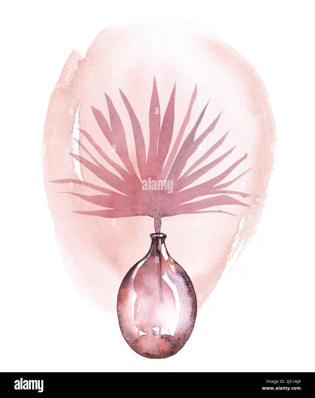 Vaso rosa acquerello con foglie tropicali. Poster con vetro antico e ramo palmo trasparente. Decorazioni d'interni in moderno stile boho. Astratto Foto Stock