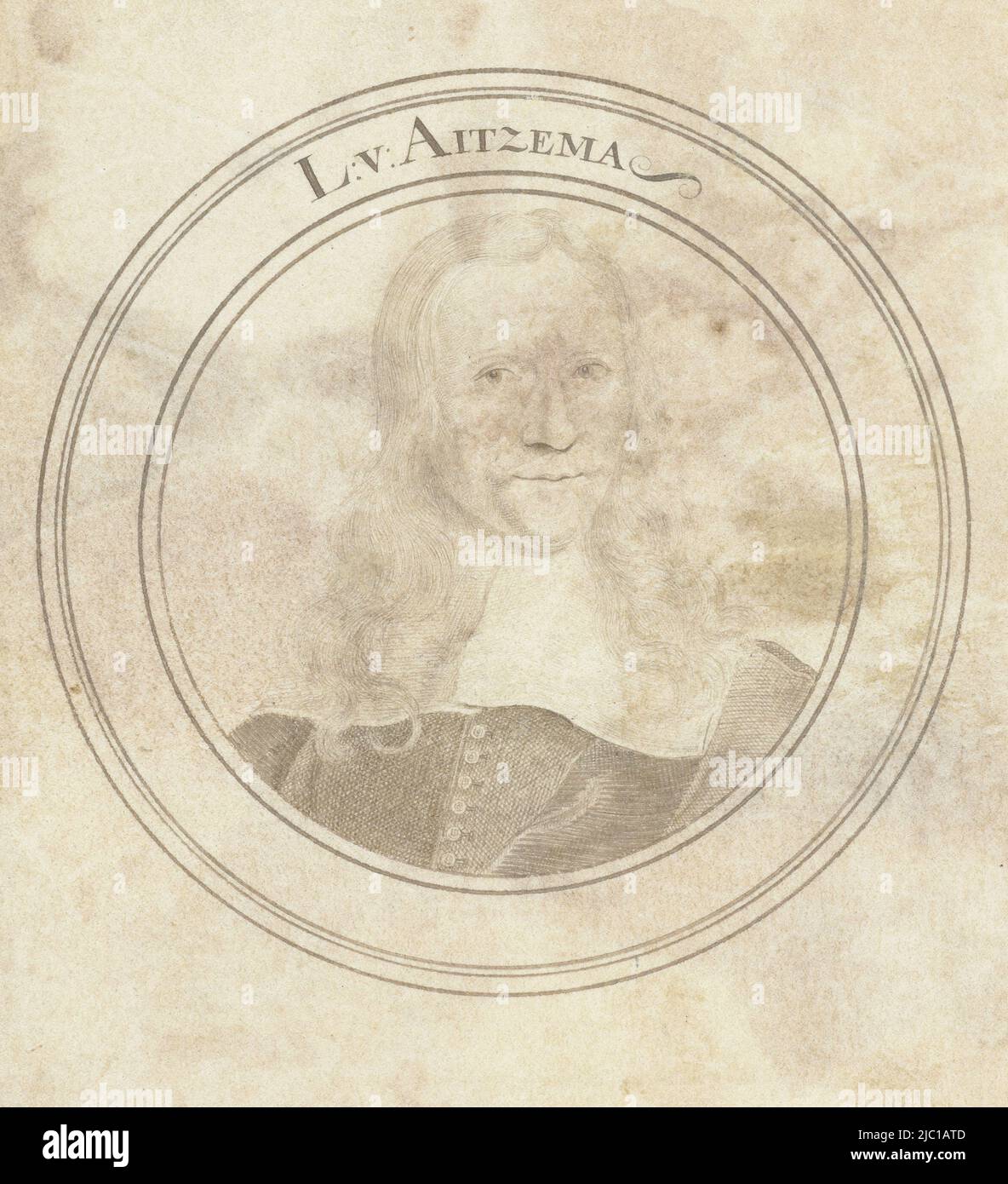 Ritratto di Lieuwe van Aitzema, disegnatore: John Faber (i), 1660 - 1721, pergamena (materiale animale), penna, h 115 mm x l 105 mm, d 70 mm Foto Stock