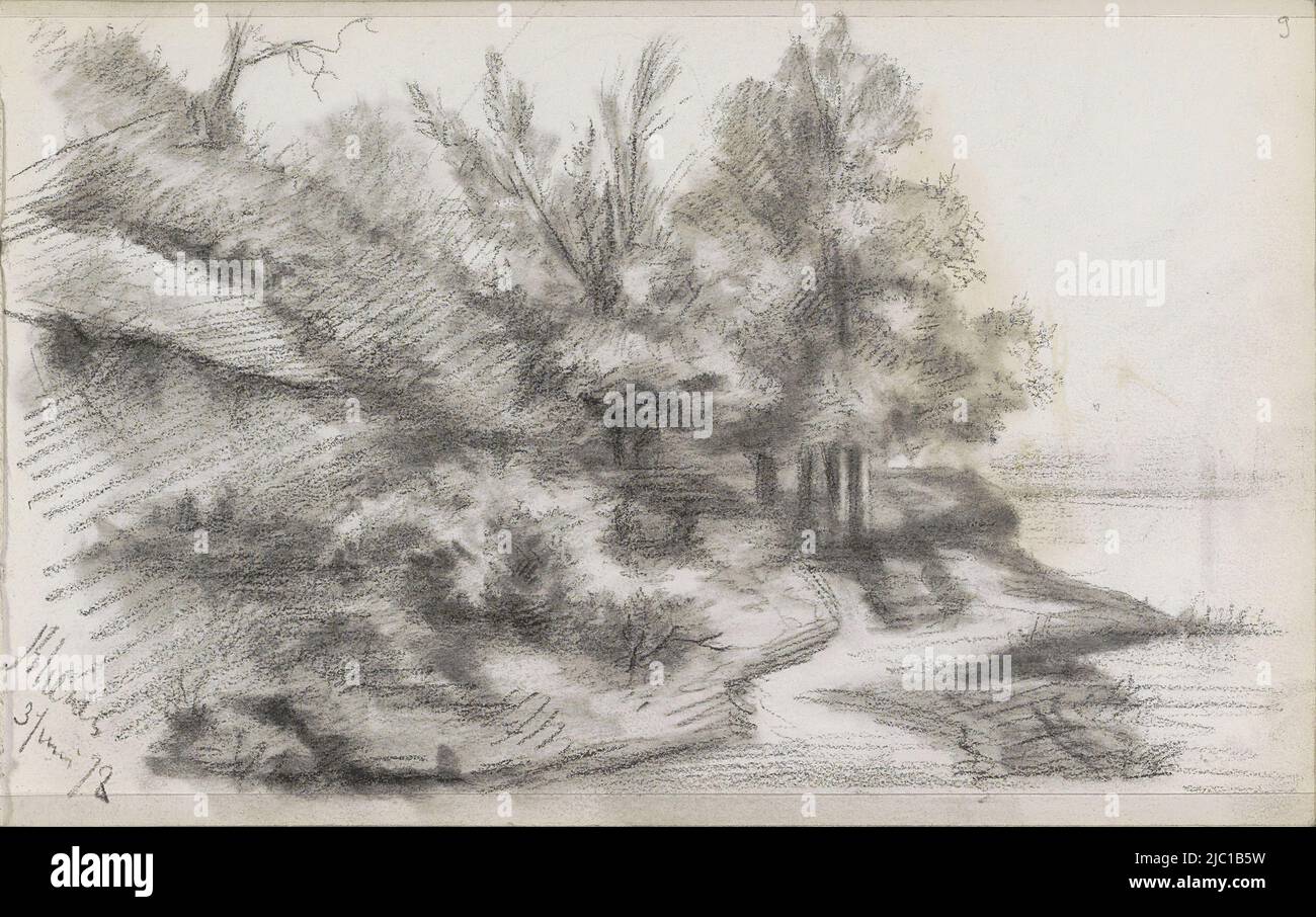 Pagina 9 da un libro di 23 pagine, Paesaggio con acqua a Rhenen., disegnatore: Willem Witsen, Rhenen, 3-Jun-1878, carta Foto Stock