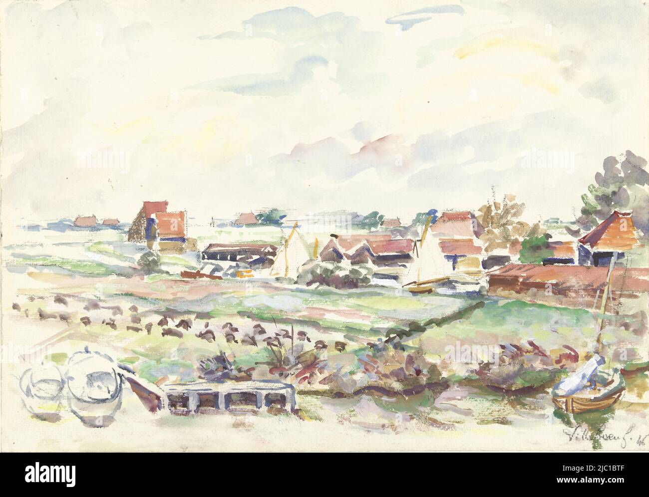 Paesaggio in Frisia, disegnatore: Villeboeuf, 1846, carta, pennello, a 230 mm x l 330 mm Foto Stock