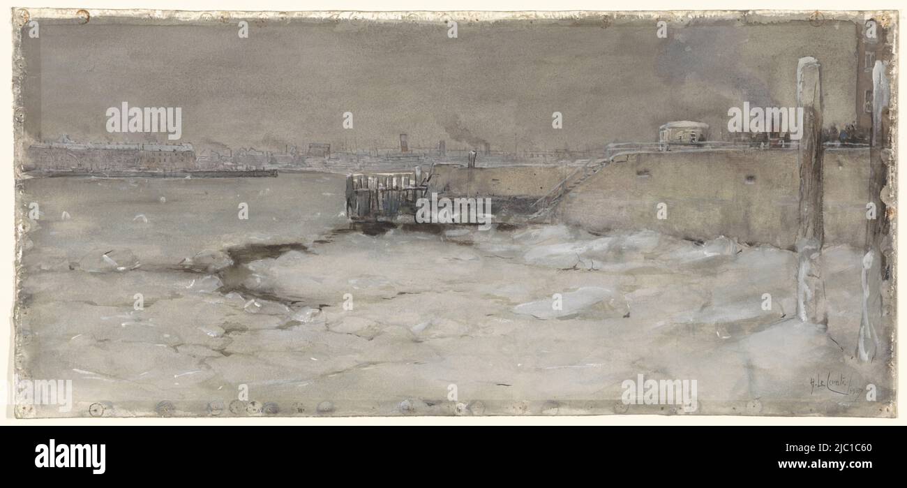 Attraversando il ghiaccio sul fiume Maas a Rotterdam, disegnatore: Adolf le Comte, 1907, carta, pennello, h 257 mm x w 557 mm Foto Stock