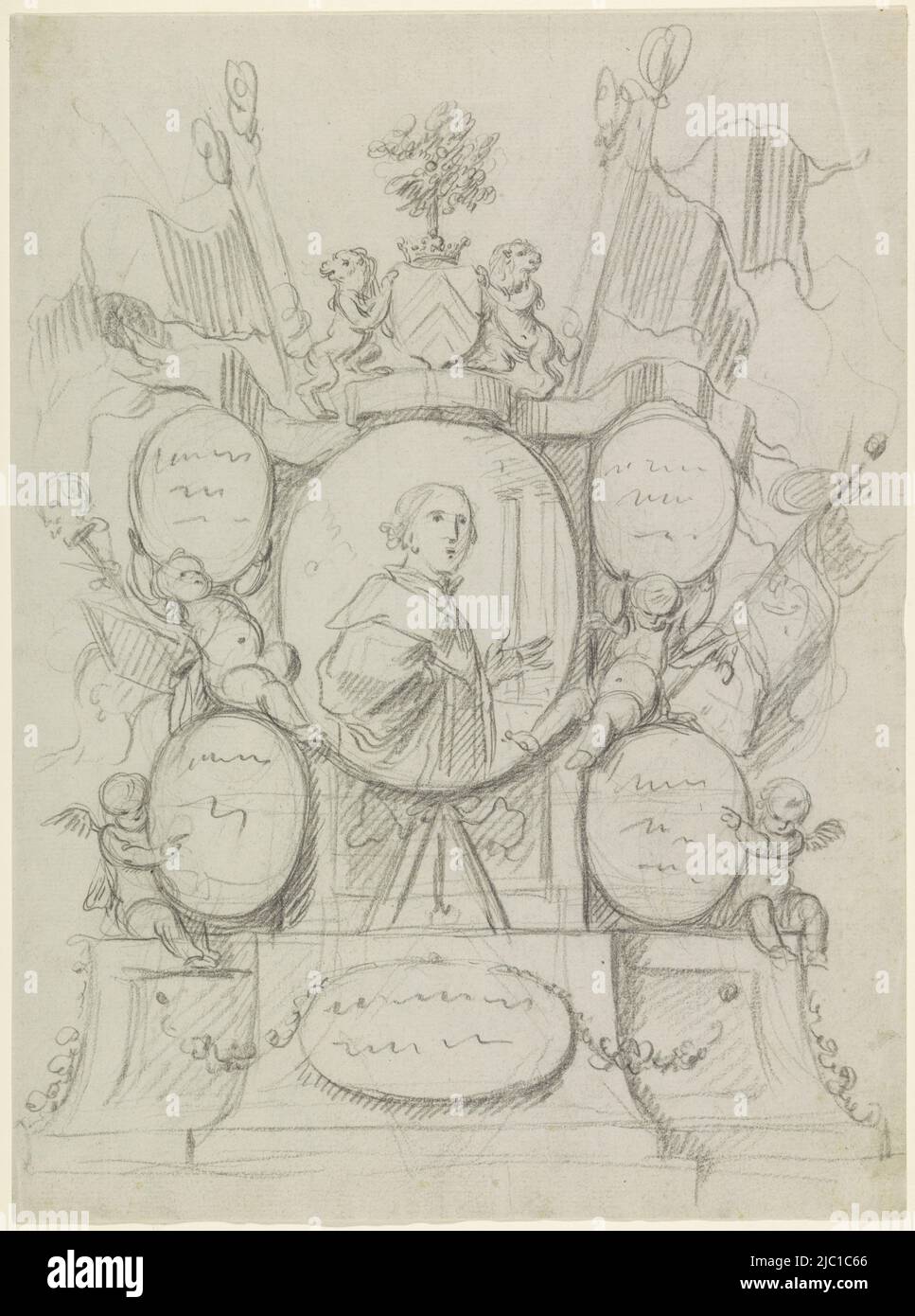 Un monumento funerario con putti con medaglioni. Al centro un medaglione con un ritratto di un uomo. Intorno a braccia e bandiere. Ai primi due leoni fiancheggiano uno stemma coronato con travi e un albero, monumento funerario con medaglioni e putti., disegnatore: anonimo, 1650 - 1800, carta, h 368 mm x w 273 mm, FTZYC DocType Foto Stock