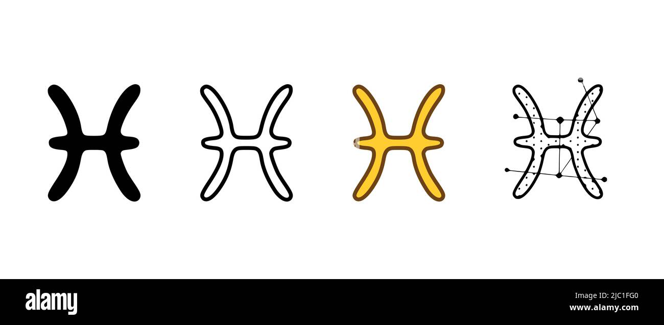 Illustrazione vettoriale dei segni zodiacali di Pesci in stili diversi isolati su sfondo bianco. Illustrazione Vettoriale