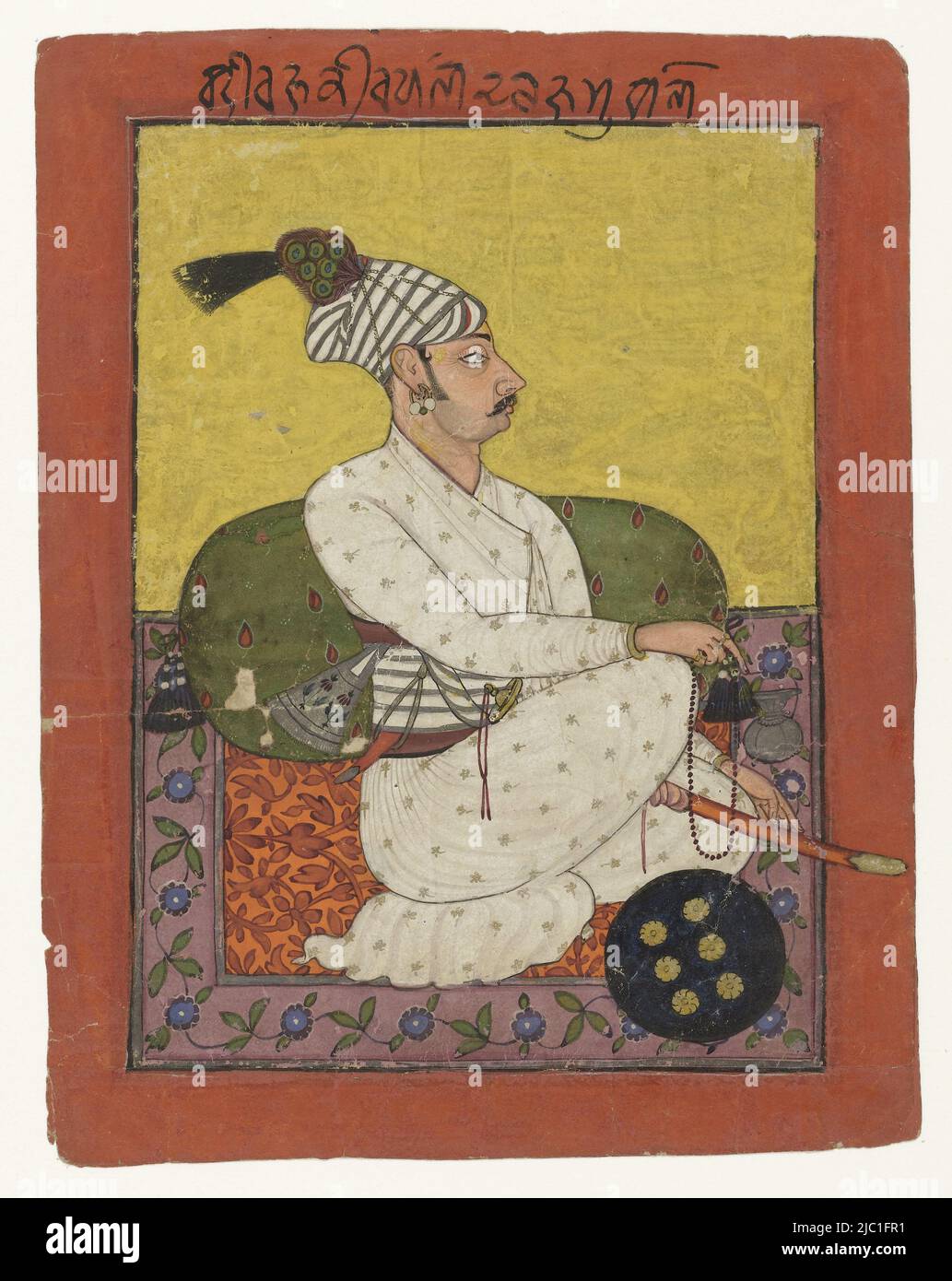 Ritratto di Raja Kirpal Dev (1660-1690) di Bahu (Jammu), Ritratto di Raja Kirpal Dev di Bahu (Jammu), disegnatore: anonimo, Mankot, c. 1655 - c. 1685, carta, spazzola, h 203 mm x l 161 mm, h 172 mm x l 125 mm Foto Stock