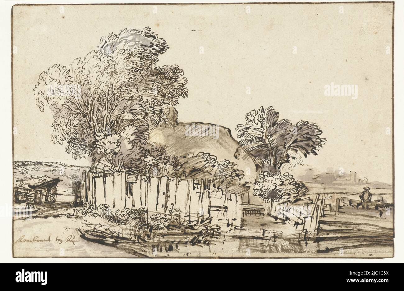Cottage con Paling bianco tra gli alberi, disegnatore: Rembrandt van Rijn, Amsterdam, c. 1648, carta, penna, spazzola, h 171 mm (striscia di carta da 6 mm aggiunta in basso) x l 255 mm Foto Stock