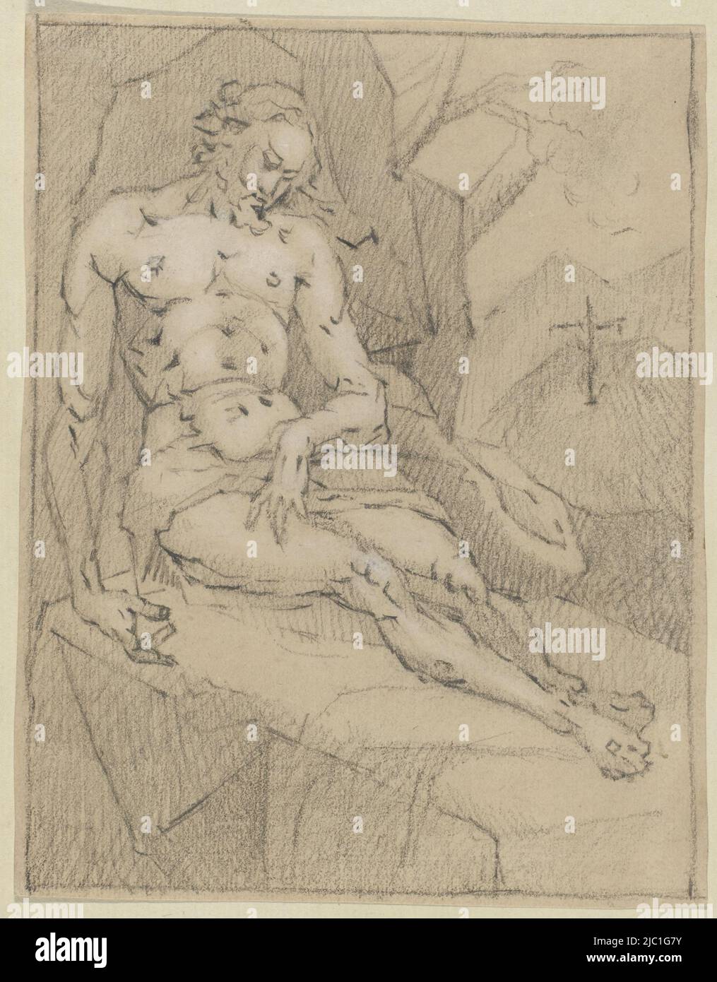 Cristo dopo la crocifissione, relatore: anonimo, Paesi Bassi, c. 1600 - c. 1650, carta preparata, h 190 mm x l 149 mm Foto Stock