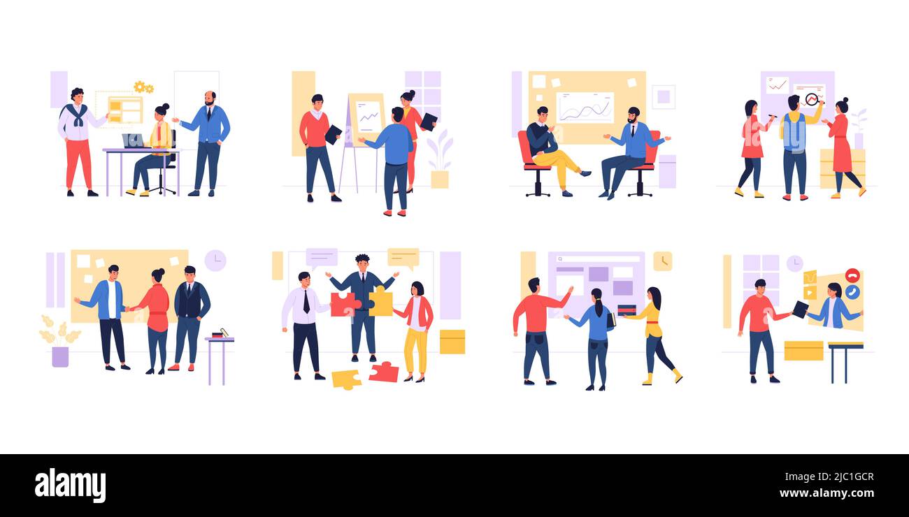 Lavoro di squadra aziendale. Concetto creativo con i dipendenti dell'ufficio che risolvono il problema e lavorano insieme. A cui partecipa la collezione vettoriale del team dei lavoratori Illustrazione Vettoriale