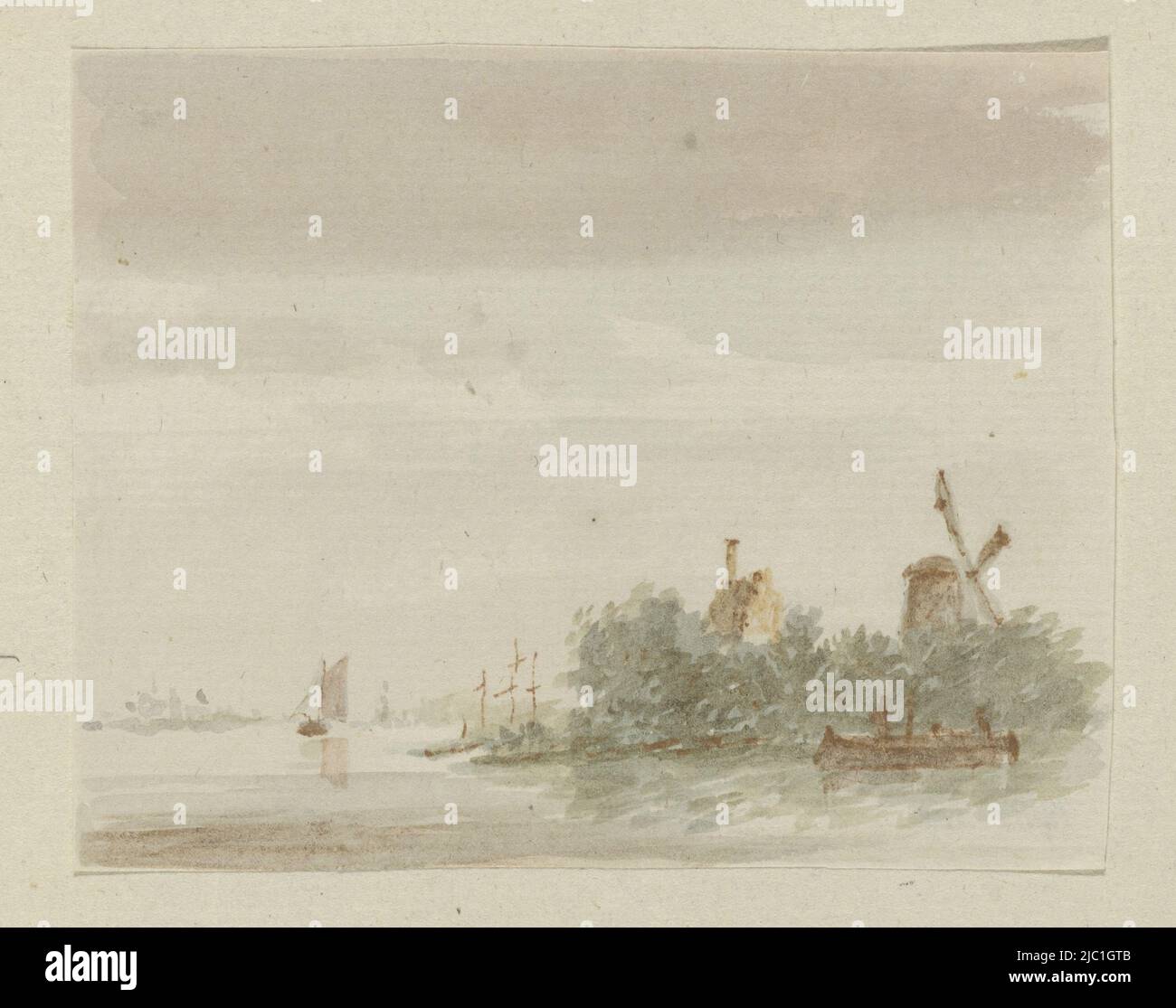 Mulini ad acqua, disegnatore: anonimo, Paesi Bassi, c. 1700 - c. 1799, carta, penna, spazzola, h 72 mm x l 90 mm Foto Stock