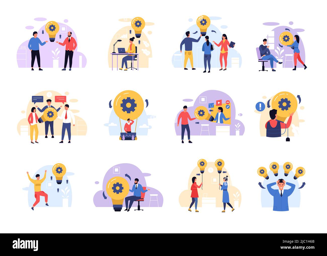 Persone con lampadine. Idea di business creativa e trovare il processo di soluzione, gruppo di team che lavora insieme sull'innovazione. Set isolato vettoriale Illustrazione Vettoriale