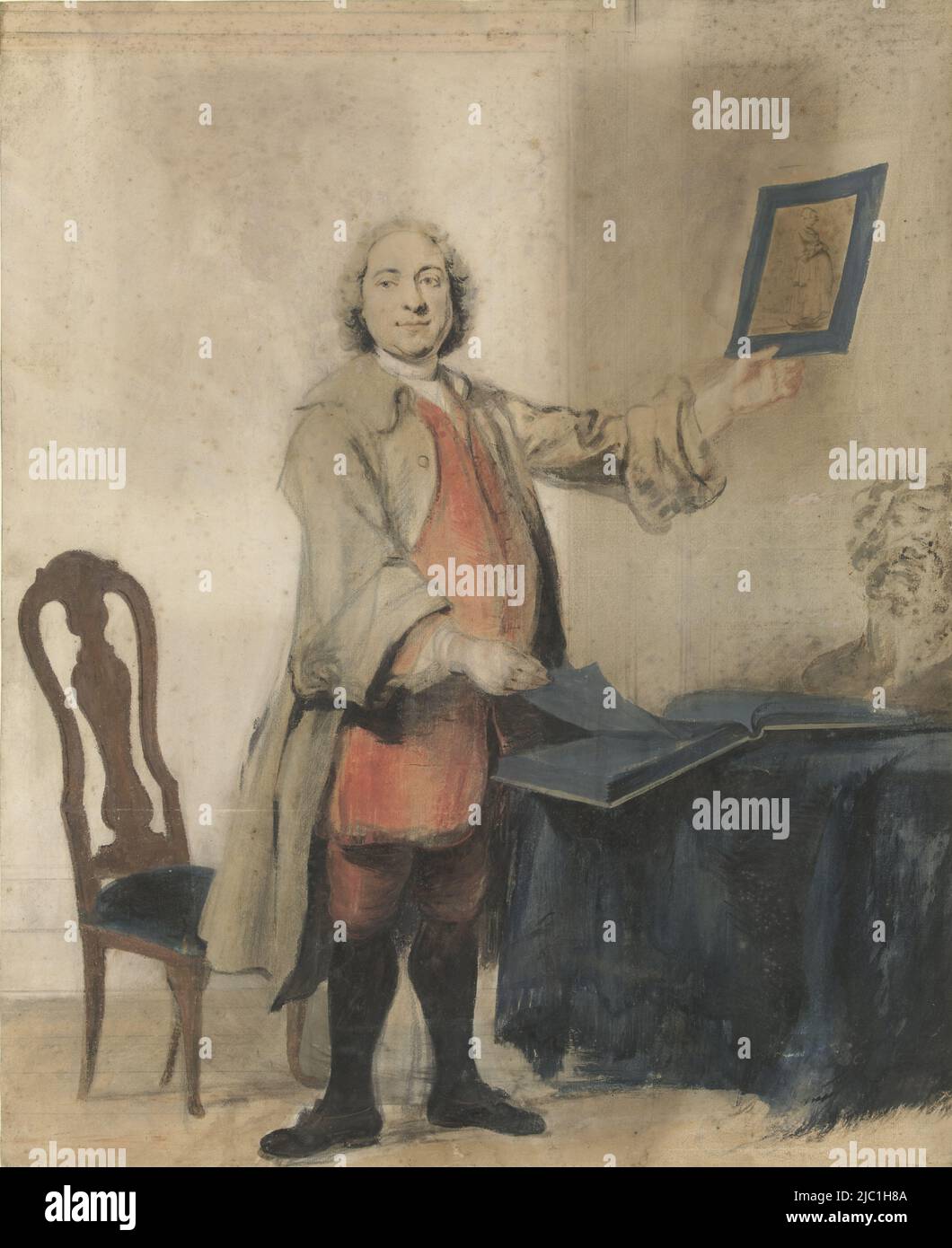 Ritratto di Cornelis Bouman con un disegno a sinistra, vicino ad un tavolo con un libro d'arte aperto, Ritratto di Cornelis Bouman, disegnatore: Cornelis Troost, (menzionato sull'oggetto), 1741, carta, spazzola, a 632 mm x l 515 mm Foto Stock