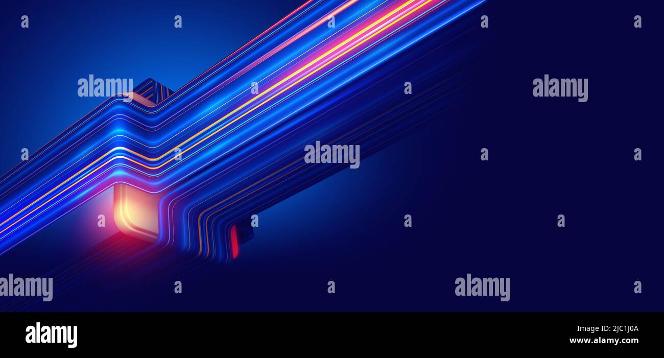 Flusso quantistico di informazioni. Stringhe, fasci di flusso digitale. CPU, processore e loop di dati. Tensione, calore, sovraccarico di lavoro. Illustrazione di Neon Stream 3D Foto Stock