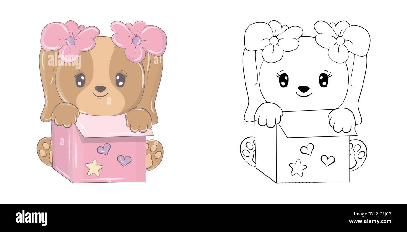 Cute Dog Clipart Illustrazione e bianco e nero. Divertente clip Art Dog in una confezione regalo con fiori. Illustrazione di un animale per colorare le pagine Illustrazione Vettoriale