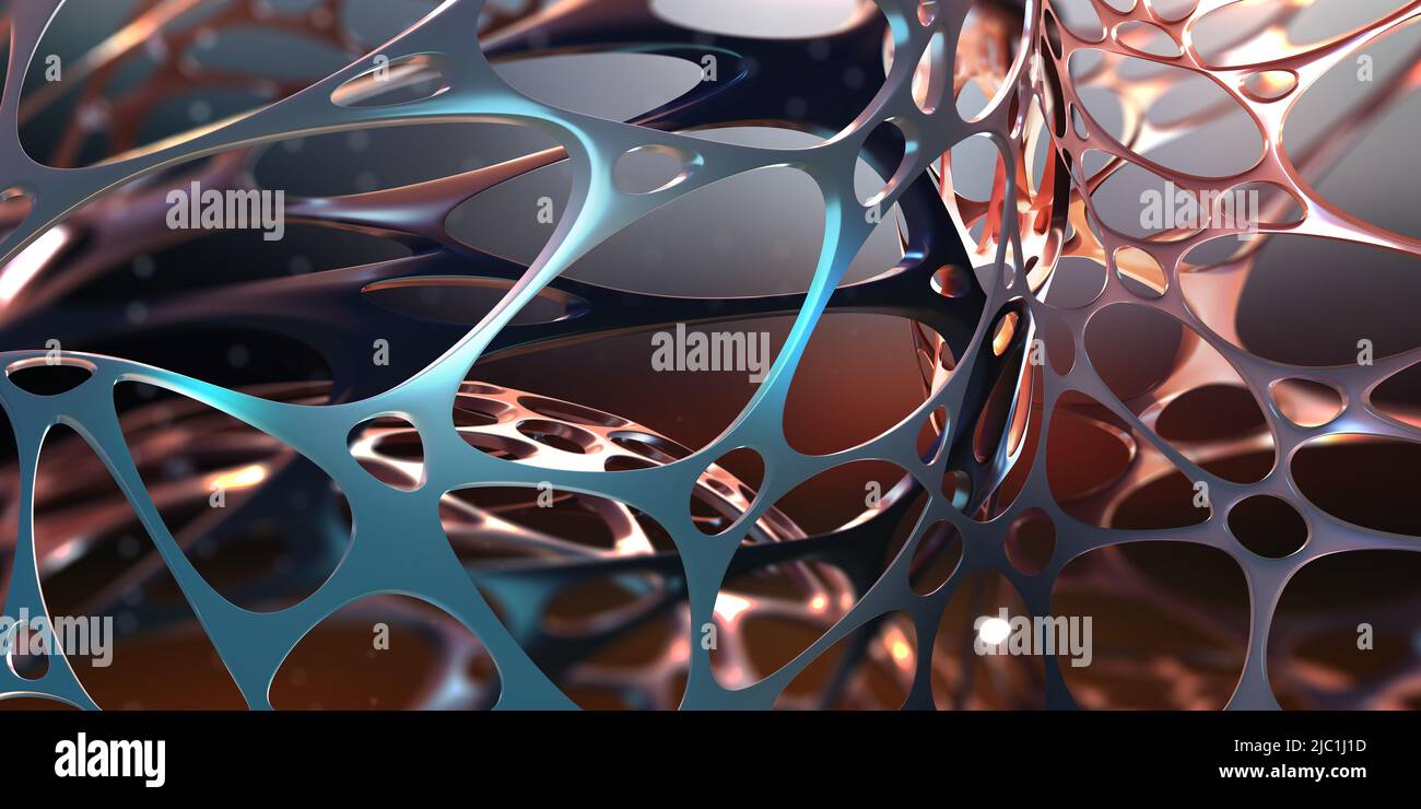 Rete neurale nel ciberspazio nanotecnologico. Riassunto 3D illustrazione del nastro sintetico. Composti organici e sintetici in nanostrutture Foto Stock