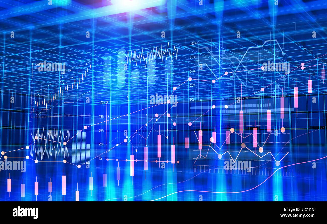Il business nel cyberspazio. Analisi dei dati. Grafici e grafici delle dinamiche dello sviluppo. 3d illustrazione su sfondo futuristico Foto Stock