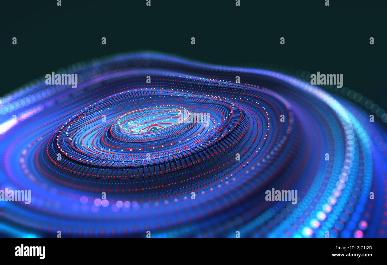 Particella d'onda digitale. Diffusione delle onde sonore. Rumore acustico, vibrazioni digitali. Flusso di dati imbuto nello spazio di innovazione cibernetica. 3D illustrazione Foto Stock